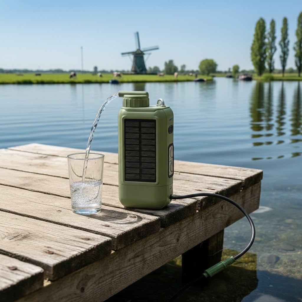 NORDEN Outdoor Draagbare Oplaadbare Electrische Waterzuiveraar met Waterpomp, LED Licht en Zonnecollector