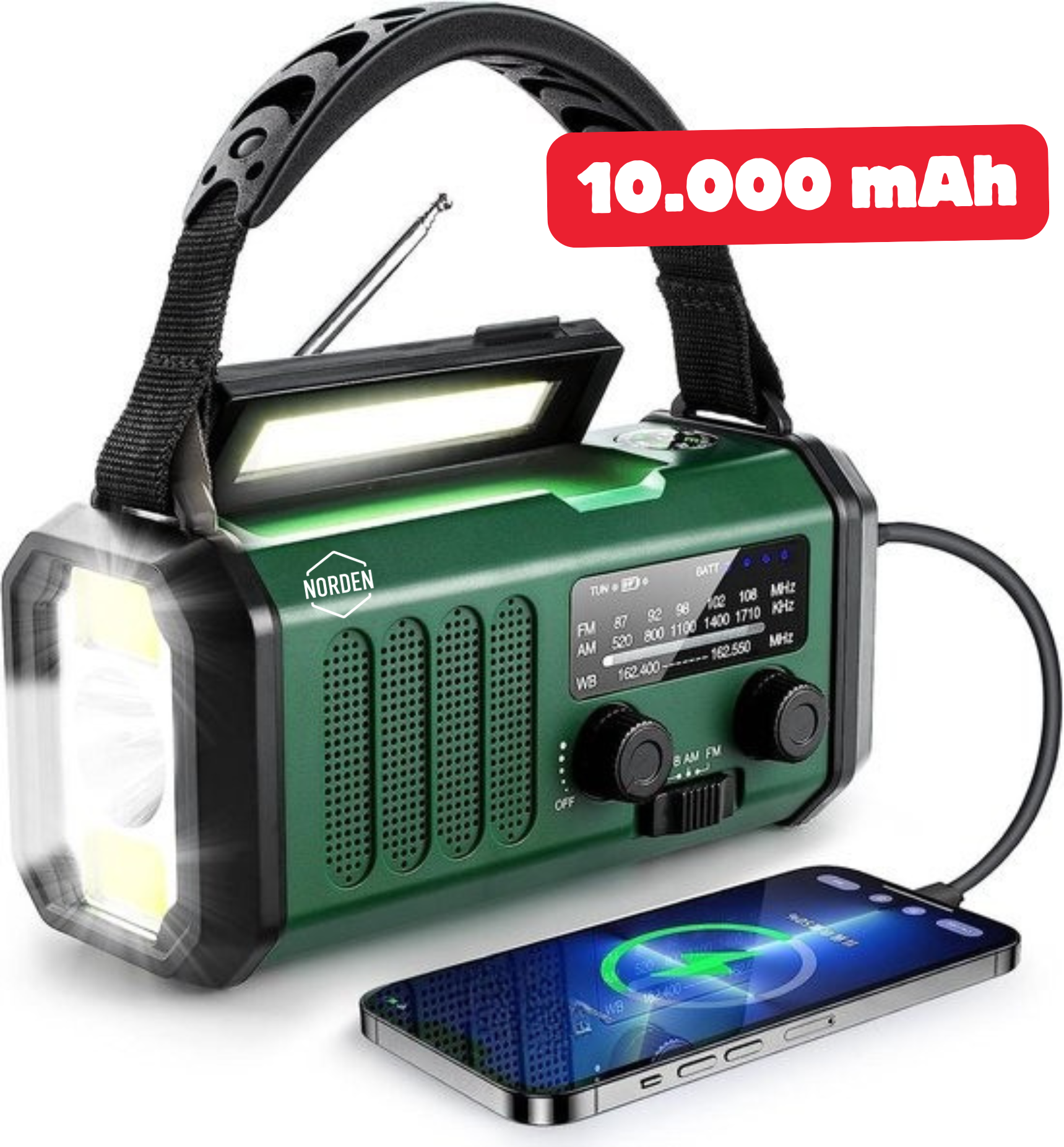Norden Noodradio (2026-versie) met 10.000mAh Powerbank - Zonne-energie & Handcrank AM/FM Radio met SOS-Alarm